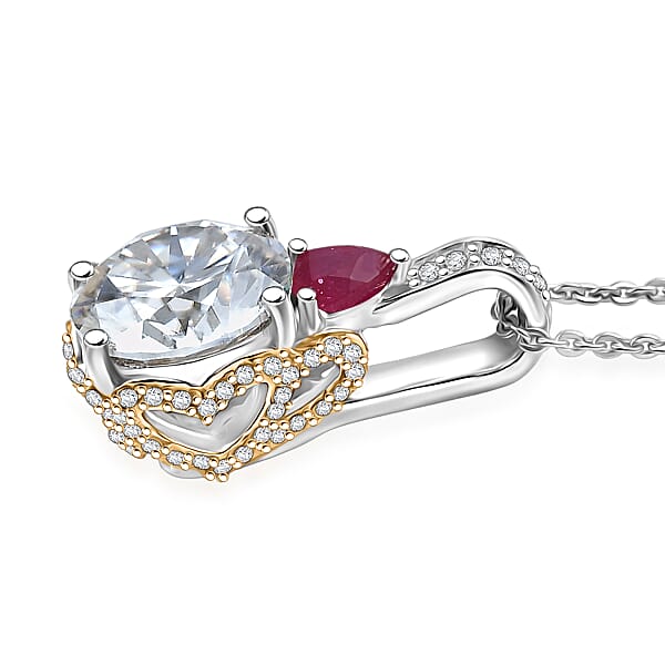 D'Joy Heart And Arrow Cut Moissanite And Niassa Ruby (FF) 3.70 Ctw Pendant Necklace In 18K Vermeil YG And Rhodium Over Sterling Silver 20 Inches