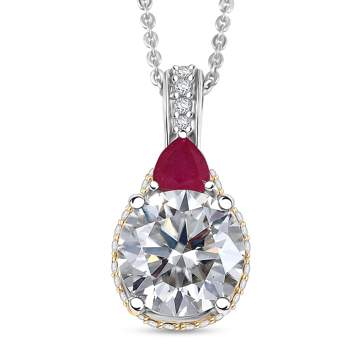 D'Joy Heart and Arrow Cut Moissanite and Niassa Ruby (FF) 3.70 ctw Pendant Necklace in 18K Vermeil YG and Rhodium Over Sterling Silver 20 Inches