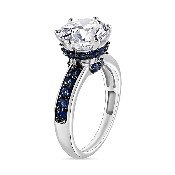 D'Joy Heart & Arrow Cut Moissanite And Blue Sapphire 4.85 Ctw Ring In Rhodium Over Sterling Silver (Del. In 10-12 Days)