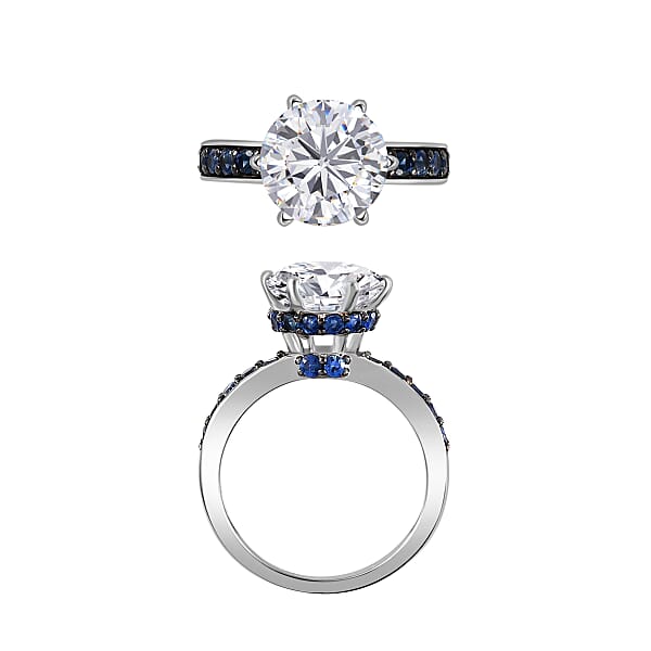 D'Joy Heart & Arrow Cut Moissanite And Blue Sapphire 4.85 Ctw Ring In Rhodium Over Sterling Silver (Del. In 10-12 Days)