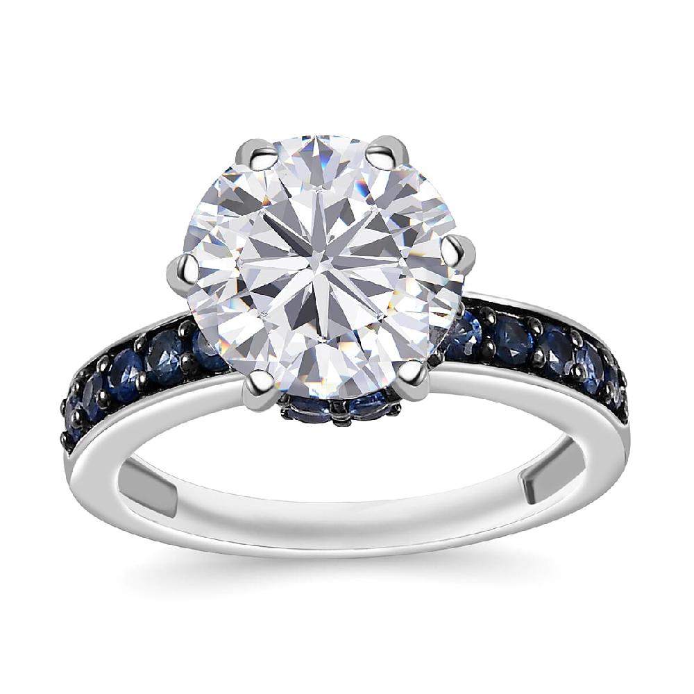 D'Joy Heart & Arrow Cut Moissanite and Blue Sapphire 4.85 ctw Ring in Rhodium Over Sterling Silver (Del. in 10-12 Days)