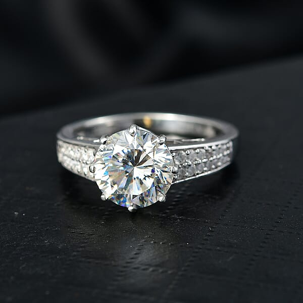 D'Joy Heart & Arrow Cut Strontium Titanate And Moissanite 4.50 Ctw Classic Solitaire Ring In Rhodium Over Sterling Silver