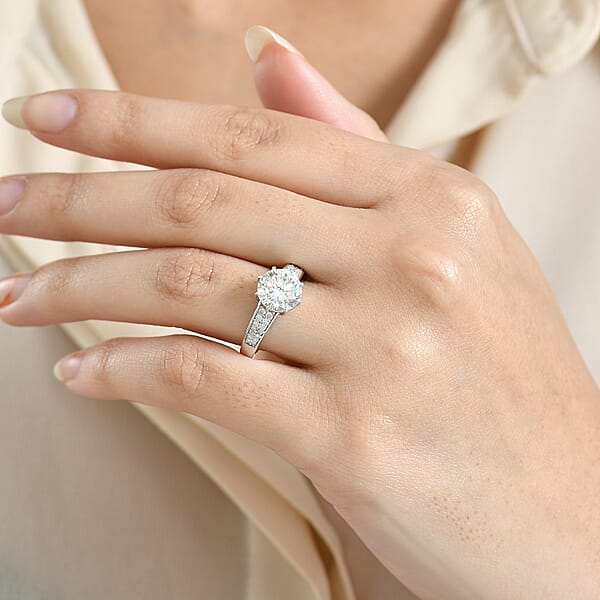 D'Joy Heart & Arrow Cut Strontium Titanate And Moissanite 4.50 Ctw Classic Solitaire Ring In Rhodium Over Sterling Silver