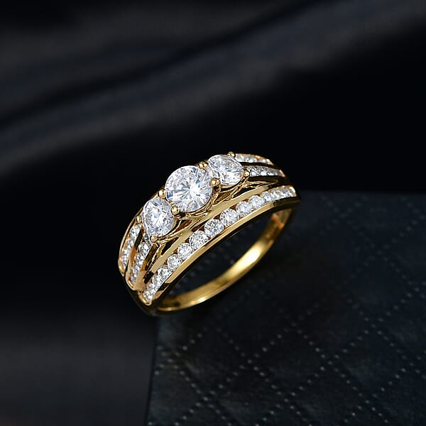 D'Joy Hearts & Arrow Cut Strontium Titanate And Moissanite 2.30 Ctw Trinity Crown Ring In 18K Vermeil Yellow Gold Over Sterling Silver