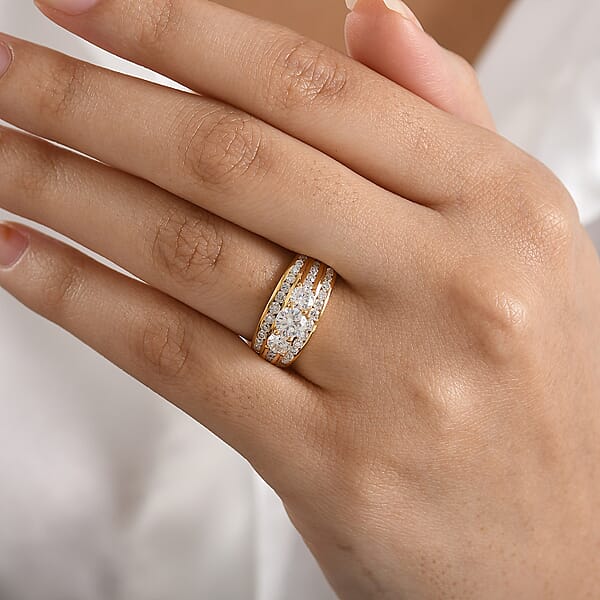 D'Joy Hearts & Arrow Cut Strontium Titanate And Moissanite 2.30 Ctw Trinity Crown Ring In 18K Vermeil Yellow Gold Over Sterling Silver