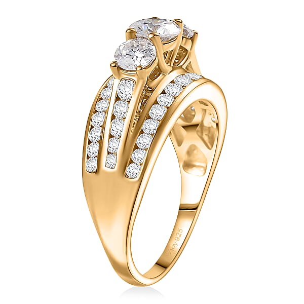 D'Joy Hearts & Arrow Cut Strontium Titanate And Moissanite 2.30 Ctw Trinity Crown Ring In 18K Vermeil Yellow Gold Over Sterling Silver