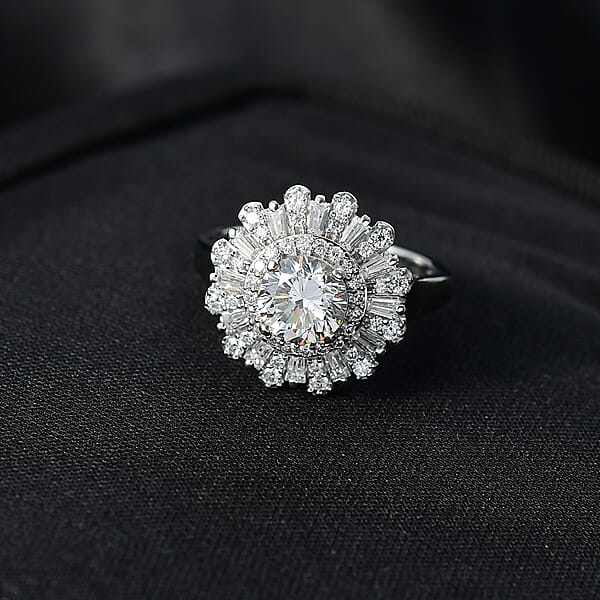 D'Joy Hearts & Arrow Cut Strontium Titanate And Moissanite 2.90 Ctw Radiant Sunburst Ring In Rhodium Over Sterling Silver