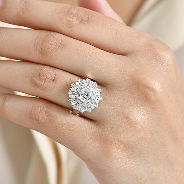 D'Joy Hearts & Arrow Cut Strontium Titanate And Moissanite 2.90 Ctw Radiant Sunburst Ring In Rhodium Over Sterling Silver