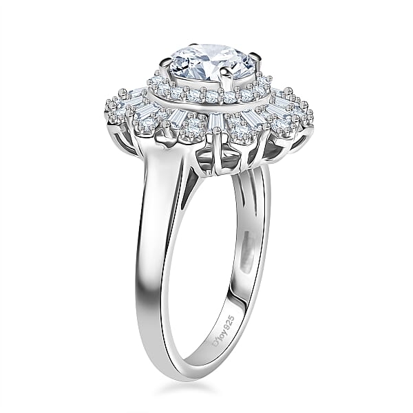 D'Joy Hearts & Arrow Cut Strontium Titanate And Moissanite 2.90 Ctw Radiant Sunburst Ring In Rhodium Over Sterling Silver