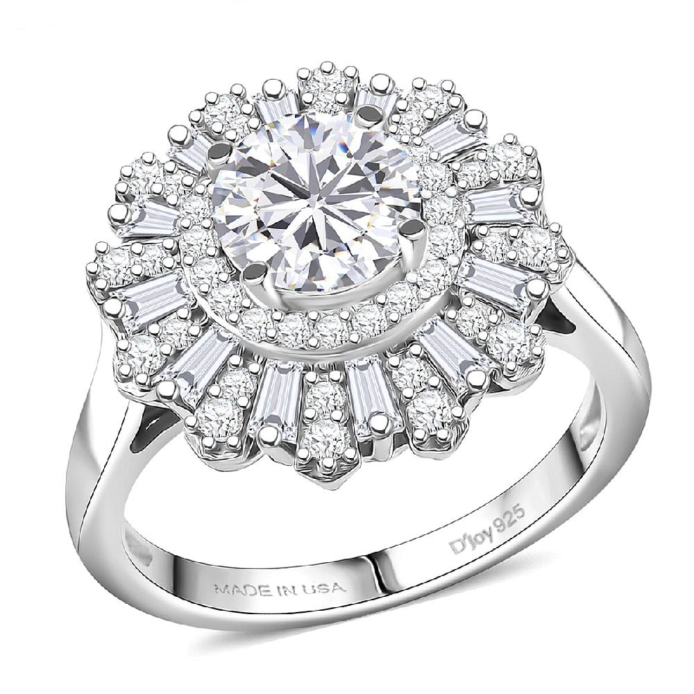 D'Joy Hearts & Arrow Cut Strontium Titanate and Moissanite 2.90 ctw Radiant Sunburst Ring in Rhodium Over Sterling Silver