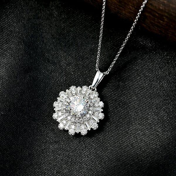 D'Joy Hearts & Arrow Cut Strontium Titanate And Moissanite 2.90 Ctw Radiant Sunburst Pendant Necklace 20 Inches In Rhodium Over Sterling Silver