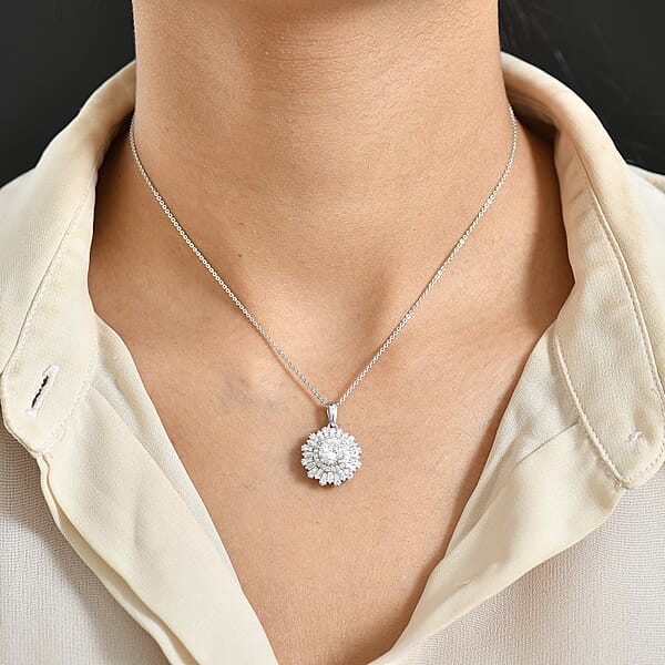 D'Joy Hearts & Arrow Cut Strontium Titanate And Moissanite 2.90 Ctw Radiant Sunburst Pendant Necklace 20 Inches In Rhodium Over Sterling Silver