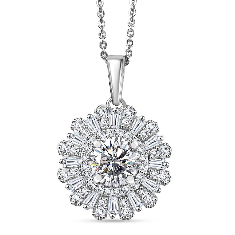 D'Joy Hearts & Arrow Cut Strontium Titanate and Moissanite 2.90 ctw Radiant Sunburst Pendant Necklace 20 Inches in Rhodium Over Sterling Silver
