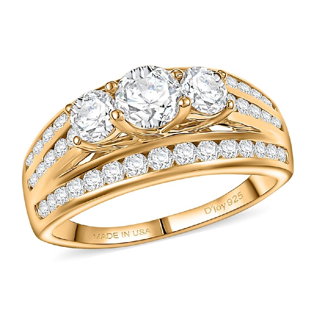 D'Joy Hearts & Arrow Cut Strontium Titanate and Moissanite 2.30 ctw Trinity Crown Ring in 18K Vermeil Yellow Gold Over Sterling Silver