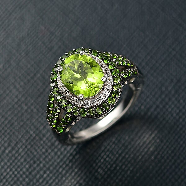 D'Joy Hebei Peridot And Multi Gemstone 3.80 Ctw Solar Flare Halo Ring In Platinum Over Sterling Silver