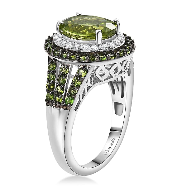 D'Joy Hebei Peridot And Multi Gemstone 3.80 Ctw Solar Flare Halo Ring In Platinum Over Sterling Silver
