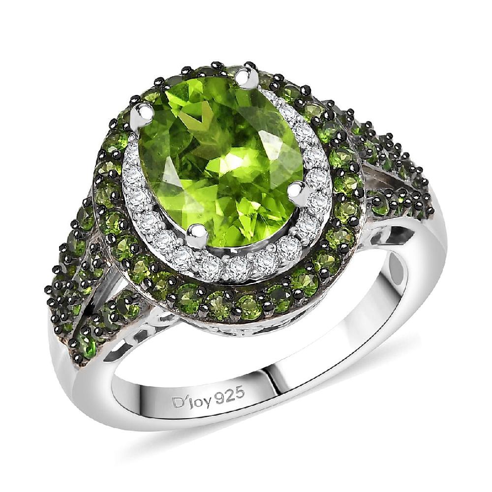 D'Joy Hebei Peridot and Multi Gemstone 3.80 ctw Solar Flare Halo Ring in Platinum Over Sterling Silver