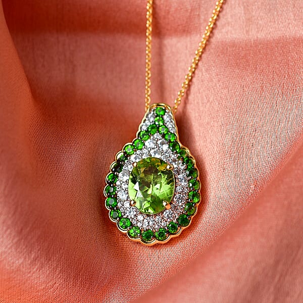 D'Joy Hebei Peridot And Multi Gemstone 4.20 Ctw Classic Ornate Oval Pendant Necklace In 18K Vermeil Yellow Gold Over Sterling Silver 20 Inches