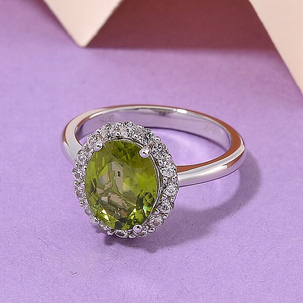D'Joy Hebei Peridot And White Zircon 3.40 Ctw Halo Ring In Rhodium Over Sterling Silver