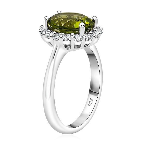 D'Joy Hebei Peridot And White Zircon 3.40 Ctw Halo Ring In Rhodium Over Sterling Silver