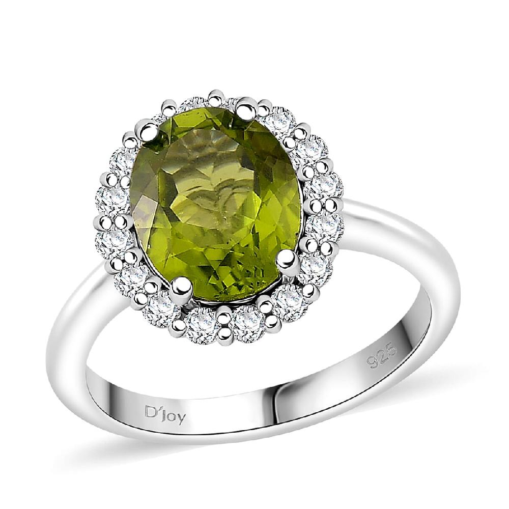 D'Joy Hebei Peridot and White Zircon 3.40 ctw Halo Ring in Rhodium Over Sterling Silver