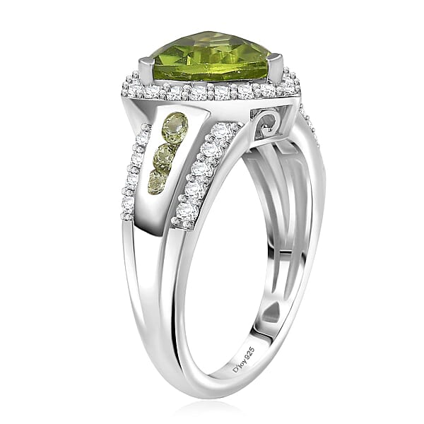 D'Joy Hebei Peridot And White Zircon 3.75 Ctw Green Crest Ring In Rhodium Over Sterling Silver