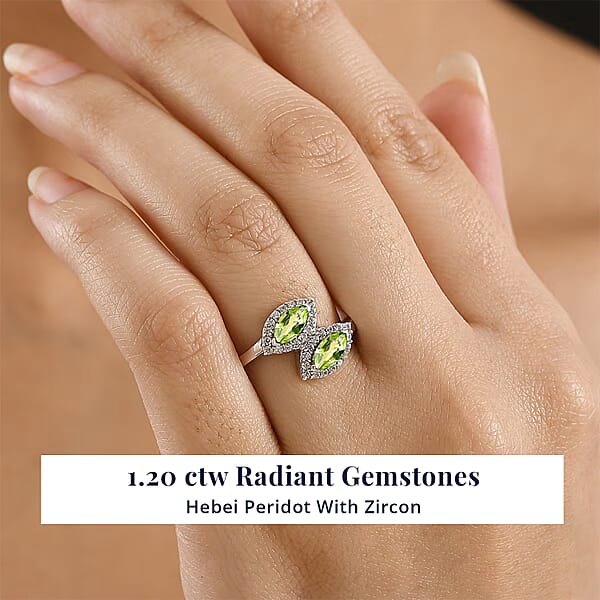 D'Joy Hebei Peridot White Zircon Ring In Platinum Over Sterling Silver 1.20 Ctw