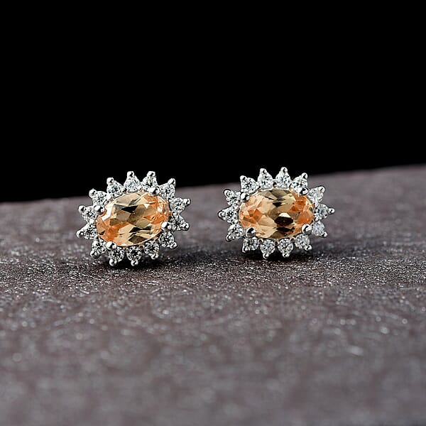 D'Joy Imperial Garnet Moissanite Sunburst Earrings In Rhodium Over Sterling Silver 1.40 Ctw