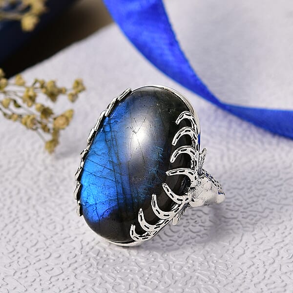 D'Joy Indian Artisan Crafted AAA Malagasy Labradorite Deer Horns Ring In Black Oxidised Sterling Silver 34.30 Ctw