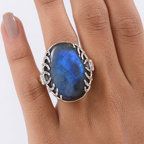 D'Joy Indian Artisan Crafted AAA Malagasy Labradorite Deer Horns Ring In Black Oxidised Sterling Silver 34.30 Ctw
