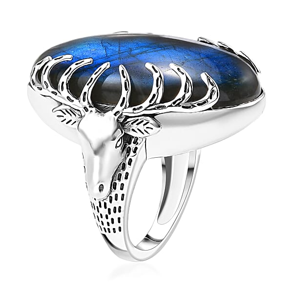 D'Joy Indian Artisan Crafted AAA Malagasy Labradorite Deer Horns Ring In Black Oxidised Sterling Silver 34.30 Ctw