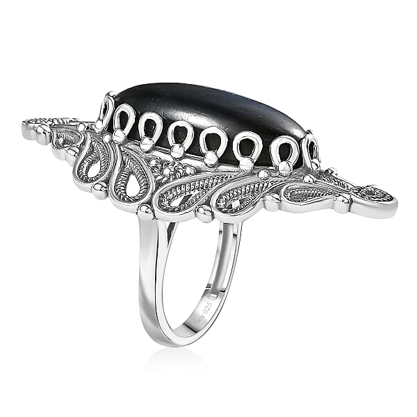 D'Joy Indian Artisan Crafted AAA Malagasy Labradorite 15.70 Ctw Ring In Black Oxidised Sterling Silver