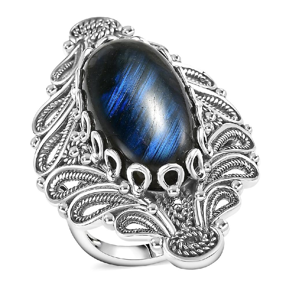 D'Joy Indian Artisan Crafted AAA Malagasy Labradorite 15.70 ctw Ring in Black Oxidised Sterling Silver