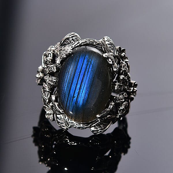 D'Joy Indian Artisan Crafted AAA Malagasy Labradorite 13.50 Ctw Mystic Bloom Ring In Sterling Silver