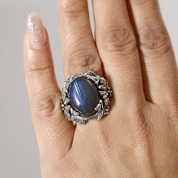 D'Joy Indian Artisan Crafted AAA Malagasy Labradorite 13.50 Ctw Mystic Bloom Ring In Sterling Silver
