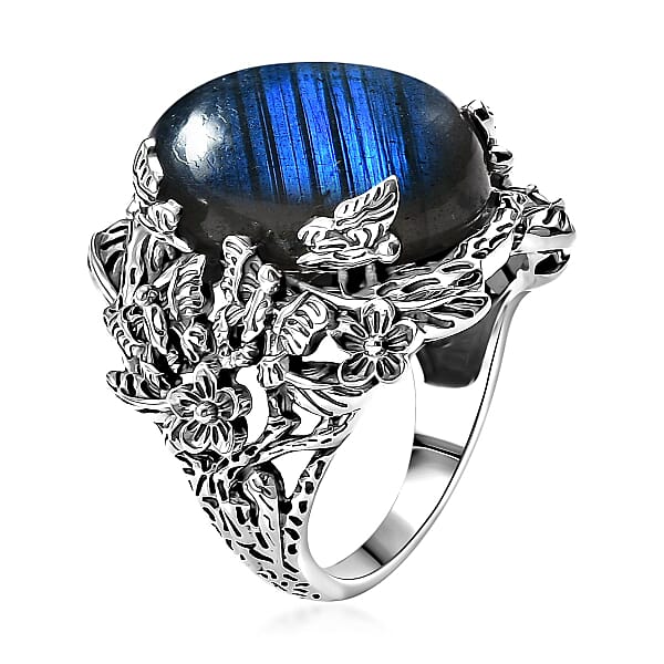 D'Joy Indian Artisan Crafted AAA Malagasy Labradorite 13.50 Ctw Mystic Bloom Ring In Sterling Silver