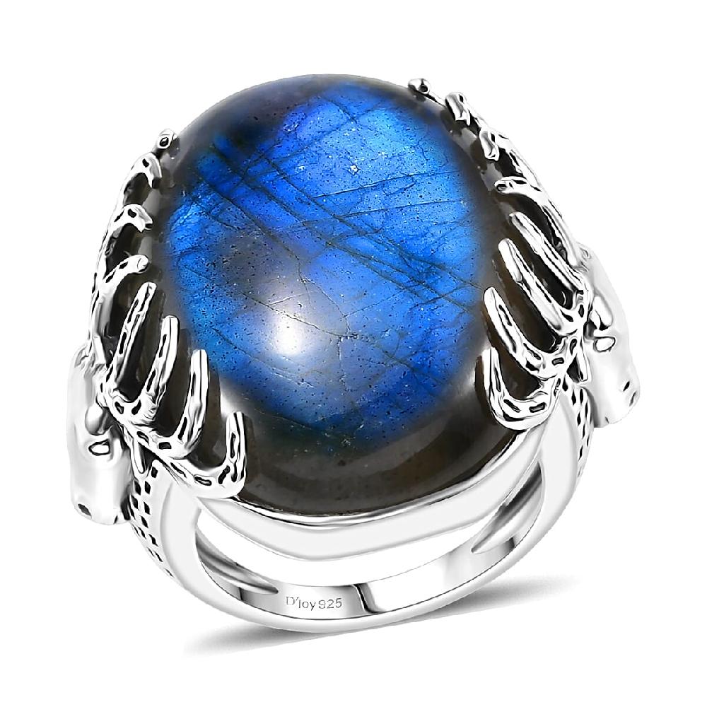 D'Joy Indian Artisan Crafted AAA Malagasy Labradorite Deer Horns Ring in Black Oxidised Sterling Silver 34.30 ctw