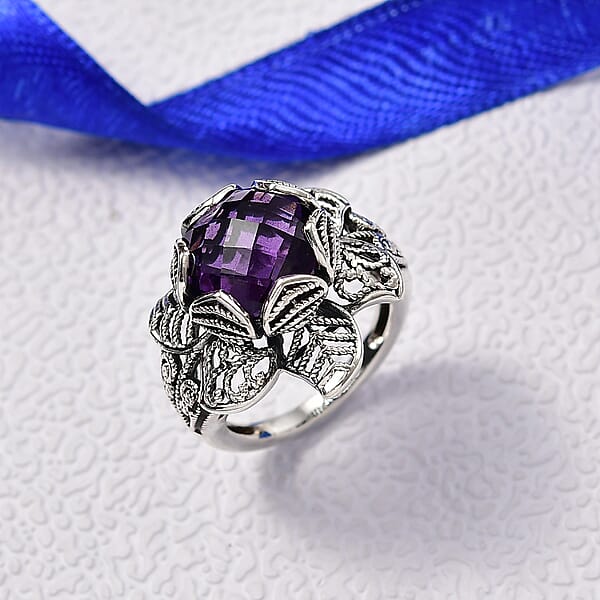 D'Joy Indian Artisan Crafted African Amethyst Ring In Black Oxidised Sterling Silver 5.60 Ctw