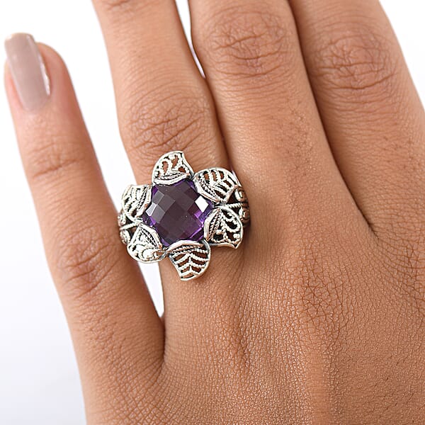 D'Joy Indian Artisan Crafted African Amethyst Ring In Black Oxidised Sterling Silver 5.60 Ctw