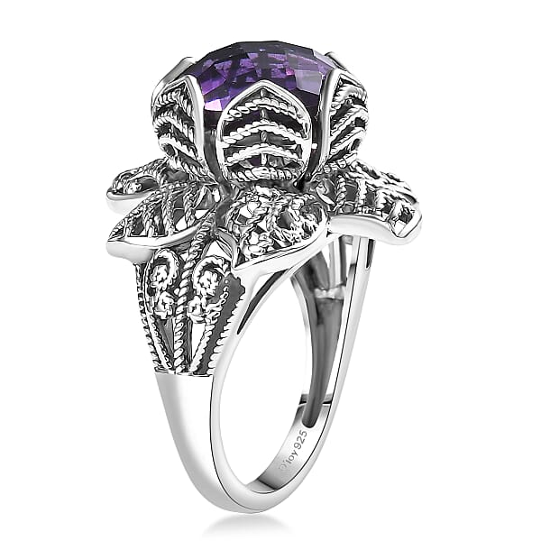 D'Joy Indian Artisan Crafted African Amethyst Ring In Black Oxidised Sterling Silver 5.60 Ctw