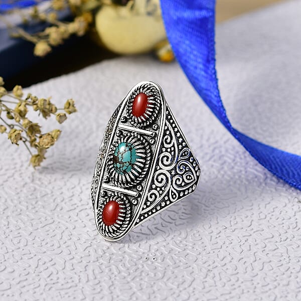 D'Joy Indian Artisan Crafted Blue Moon Turquoise Coral Ring In Black Oxidised Sterling Silver 1.35 Ctw