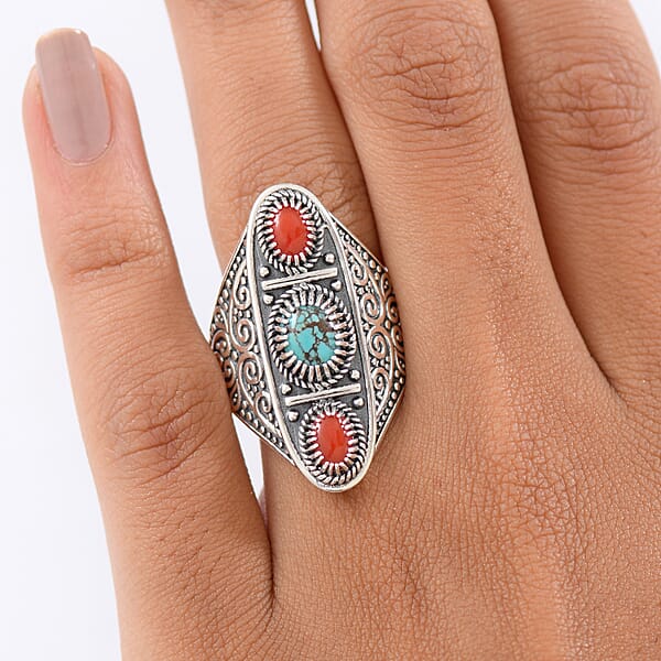 D'Joy Indian Artisan Crafted Blue Moon Turquoise Coral Ring In Black Oxidised Sterling Silver 1.35 Ctw