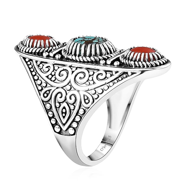 D'Joy Indian Artisan Crafted Blue Moon Turquoise Coral Ring In Black Oxidised Sterling Silver 1.35 Ctw