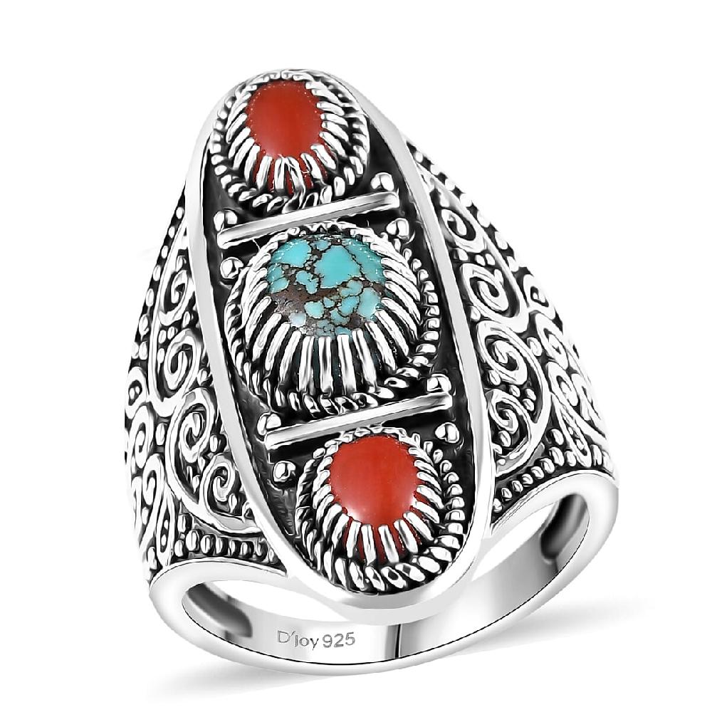 D'Joy Indian Artisan Crafted Blue Moon Turquoise Coral Ring in Black Oxidised Sterling Silver 1.35 ctw