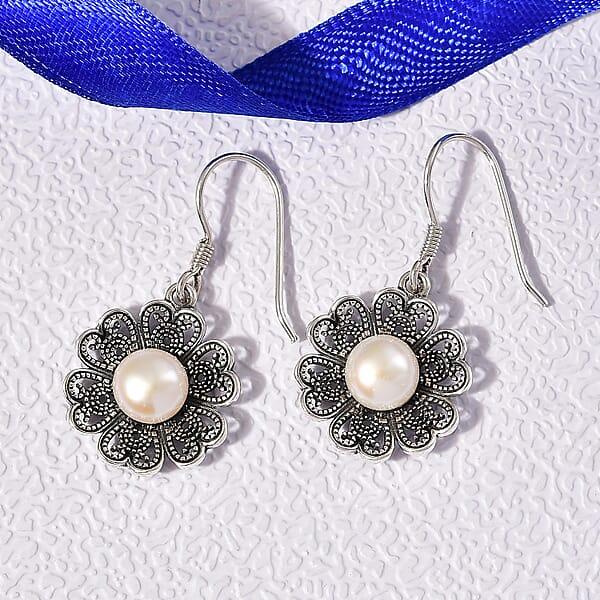D'Joy Indian Artisan Crafted Freshwater Pearl Earrings In Oxidised Sterling Silver