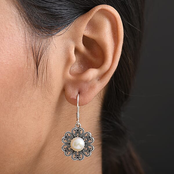 D'Joy Indian Artisan Crafted Freshwater Pearl Earrings In Oxidised Sterling Silver