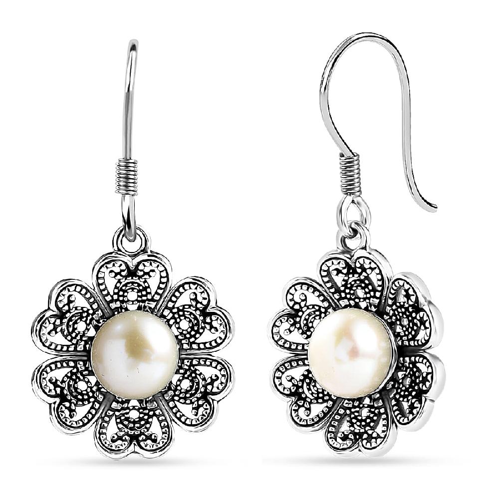 D'Joy Indian Artisan Crafted Freshwater Pearl Earrings in Oxidised Sterling Silver