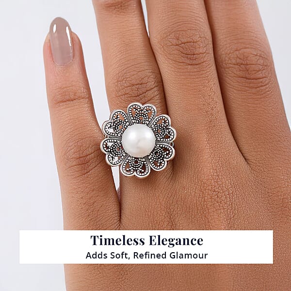 D'Joy Indian Artisan Crafted Freshwater Pearl Flower Petals Ring In Black Oxidised Sterling Silver