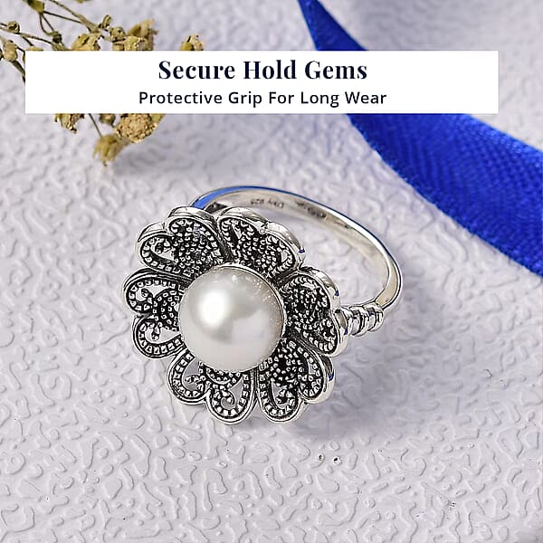 D'Joy Indian Artisan Crafted Freshwater Pearl Flower Petals Ring In Black Oxidised Sterling Silver