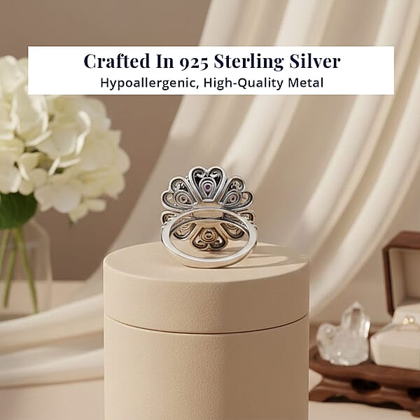 D'Joy Indian Artisan Crafted Freshwater Pearl Flower Petals Ring In Black Oxidised Sterling Silver